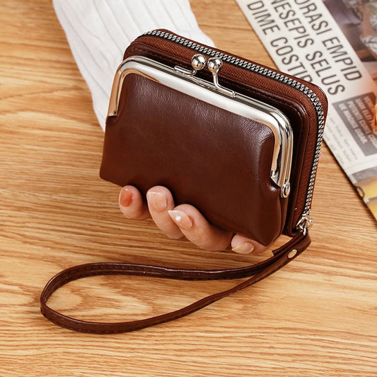 Vintage Leather Mini Bag, classic kiss-lock closure, multi-layer compartment storage, lightweight and V1232-FGLQB007