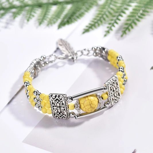 2PCS Ethnic-style Vintage Open Bracelet, Turquoise Beads with Silver Carved Accents, Bohemian Exotic Charm, a V1232-FGSL002