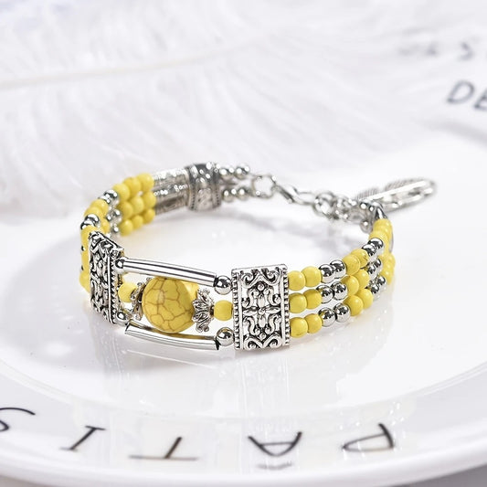 2PCS Ethnic-style Vintage Open Bracelet, Turquoise Beads with Silver Carved Accents, Bohemian Exotic Charm, a V1232-FGSL002