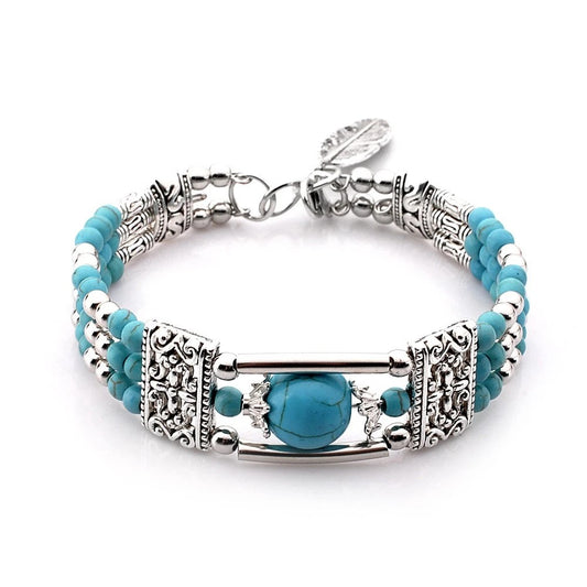 2pcs Ethnic-style Vintage Open Bracelet, Turquoise Beads with Silver Carved Accents, Bohemian Exotic Charm, a V1232-FGSL003