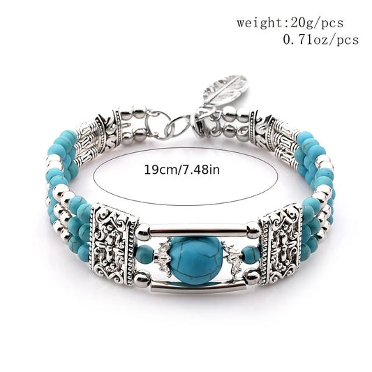 2pcs Ethnic-style Vintage Open Bracelet, Turquoise Beads with Silver Carved Accents, Bohemian Exotic Charm, a V1232-FGSL003