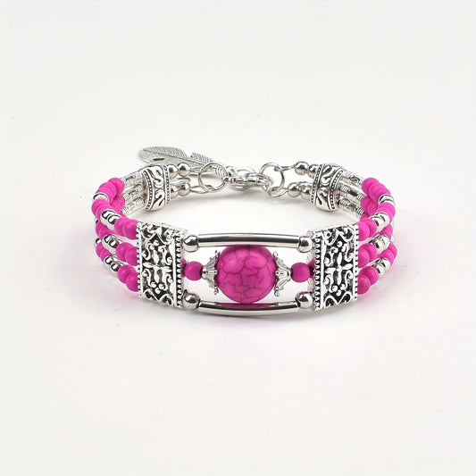 2pcs Ethnic-style Vintage Open Bracelet, Turquoise Beads with Silver Carved Accents, Bohemian Exotic Charm, a V1232-FGSL004