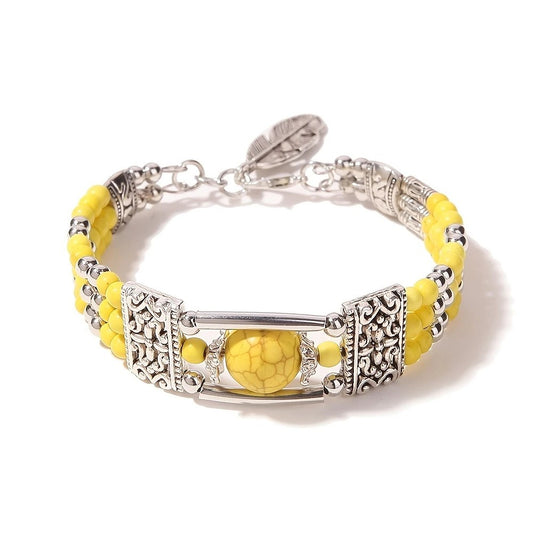 2pcs Ethnic-style Vintage Open Bracelet, Turquoise Beads with Silver Carved Accents, Bohemian Exotic Charm, a V1232-FGSL004