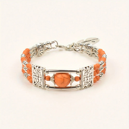 2pcs Ethnic-style Vintage Open Bracelet, Turquoise Beads with Silver Carved Accents, Bohemian Exotic Charm, a V1232-FGSL005