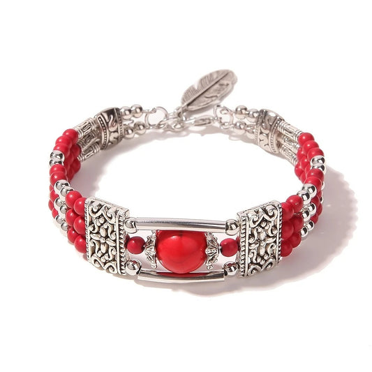 2pcs Ethnic-style Vintage Open Bracelet, Turquoise Beads with Silver Carved Accents, Bohemian Exotic Charm, a V1232-FGSL005