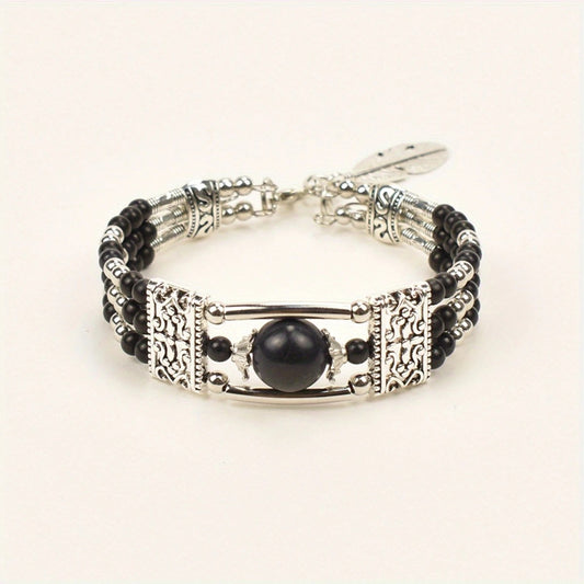 2pcs Ethnic-style Vintage Open Bracelet, Turquoise Beads with Silver Carved Accents, Bohemian Exotic Charm, a V1232-FGSL006