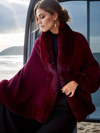 Imitation Mink Collar Knit Shawl: Autumn/Winter Retro Cape, Elegant, Versatile, and Flattering(BLACK) V1232-FLDMWT001