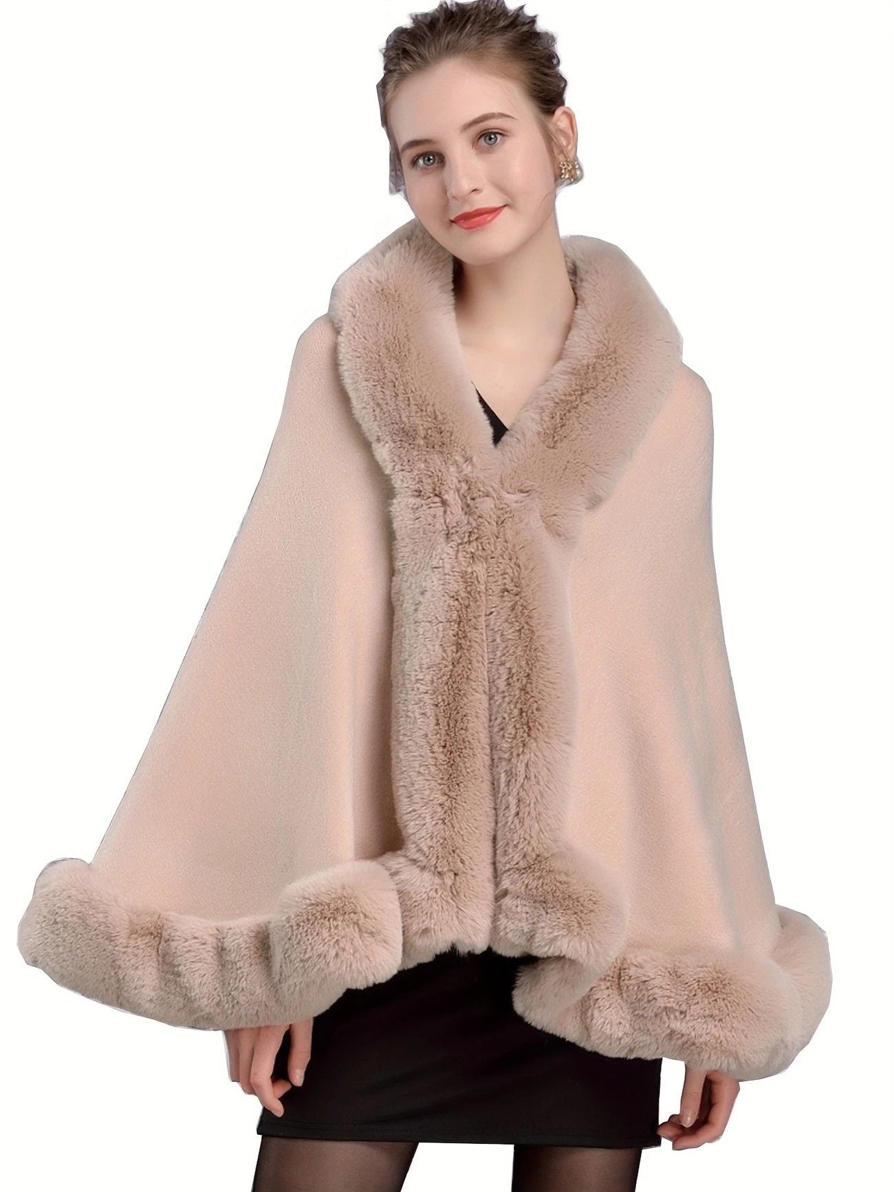 Imitation Mink Collar Knit Shawl: Autumn/Winter Retro Cape, Elegant, Versatile, and Flattering(BLACK) V1232-FLDMWT001