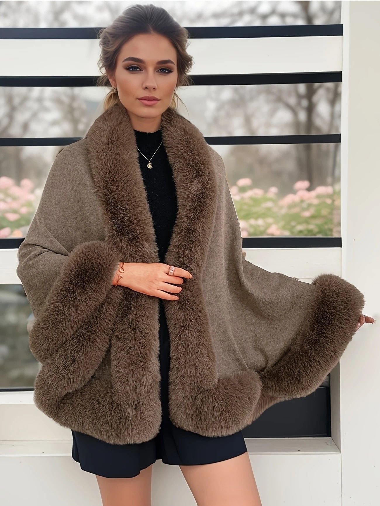 Imitation Mink Collar Knit Shawl: Autumn/Winter Retro Cape, Elegant, Versatile, and Flattering(BLACK) V1232-FLDMWT001