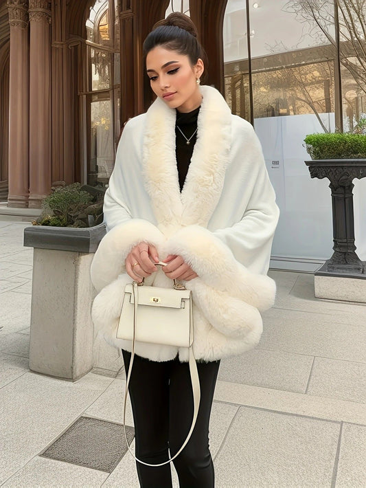 Imitation Mink Collar Knit Shawl: Autumn/Winter Retro Cape, Elegant, Versatile, and Flattering(WHITE) V1232-FLDMWT003
