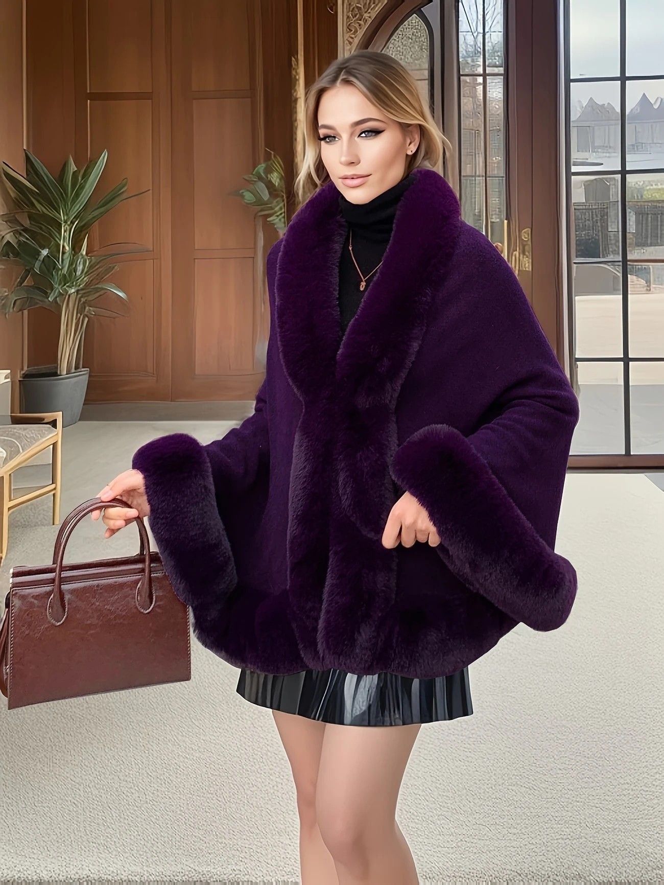Imitation Mink Collar Knit Shawl: Autumn/Winter Retro Cape, Elegant, Versatile, and Flattering(WHITE) V1232-FLDMWT003