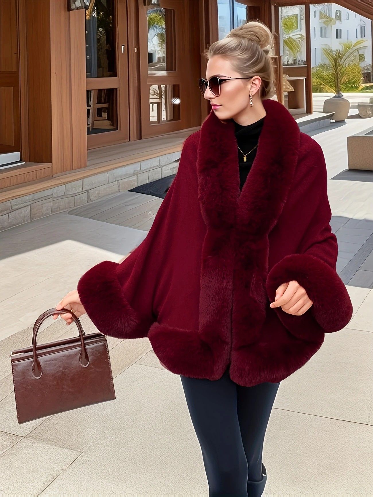 Imitation Mink Collar Knit Shawl: Autumn/Winter Retro Cape, Elegant, Versatile, and Flattering. (claret-red) V1232-FLTMLWT001