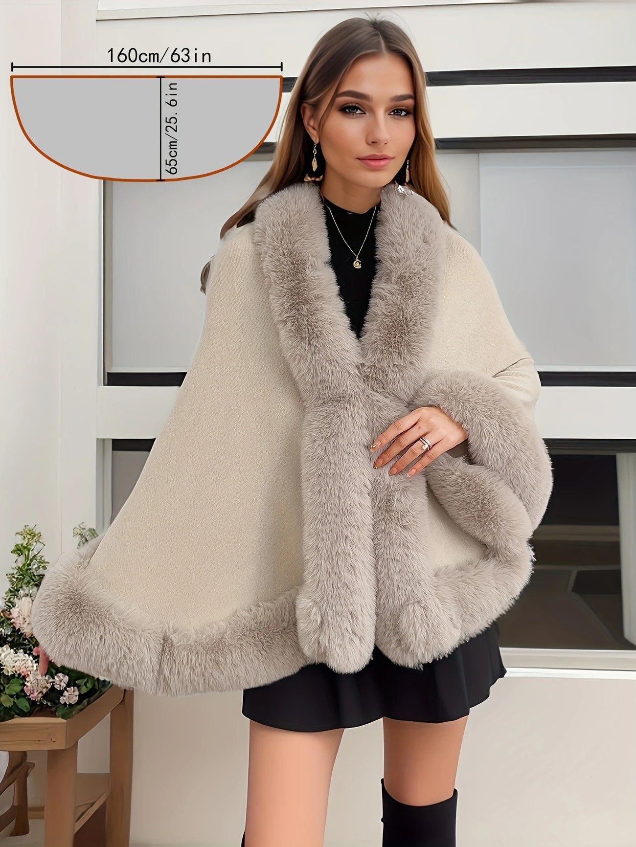 Imitation Mink Collar Knit Shawl: Autumn/Winter Retro Cape, Elegant, Versatile, and Flattering. (claret-red) V1232-FLTMLWT001
