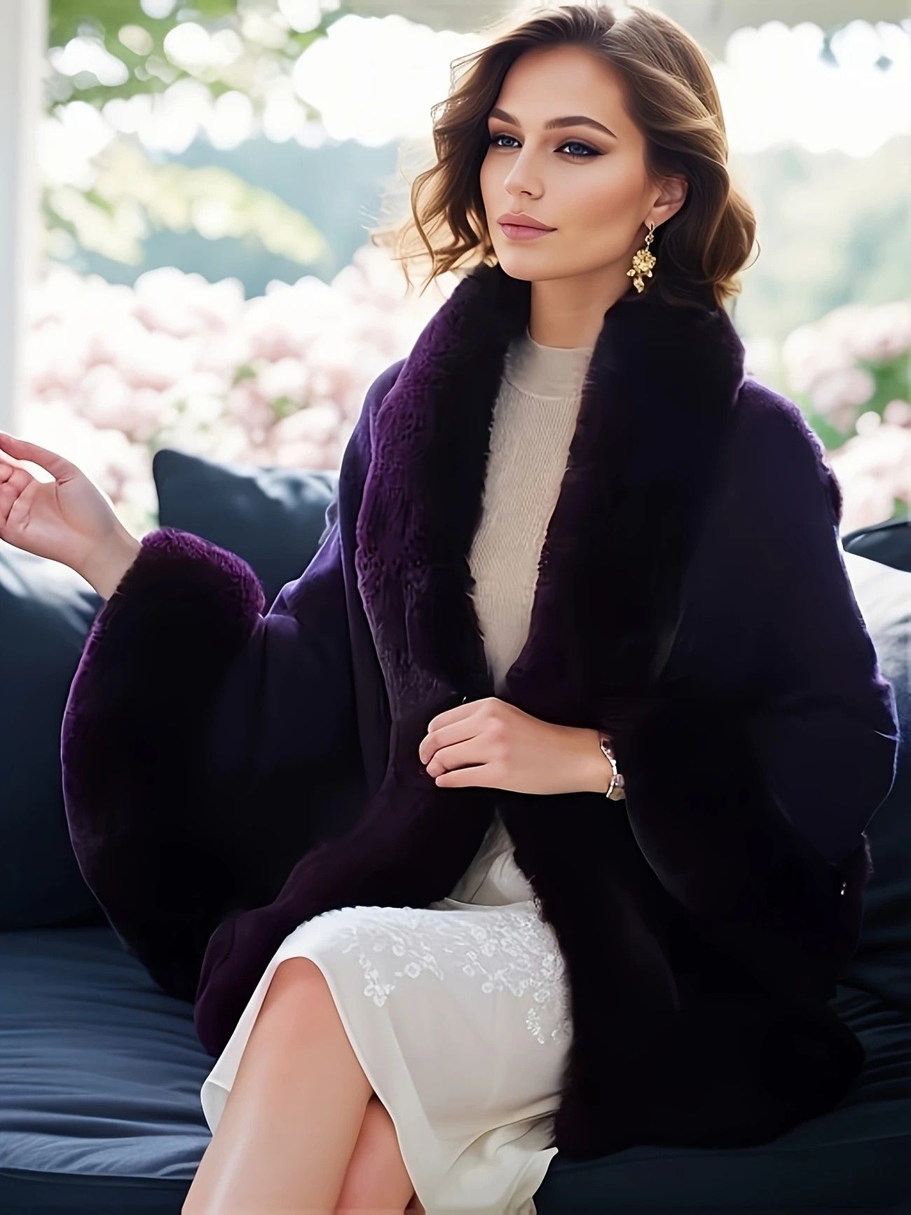 Imitation Mink Collar Knit Shawl: Autumn/Winter Retro Cape, Elegant, Versatile, and Flattering. (claret-red) V1232-FLTMLWT001