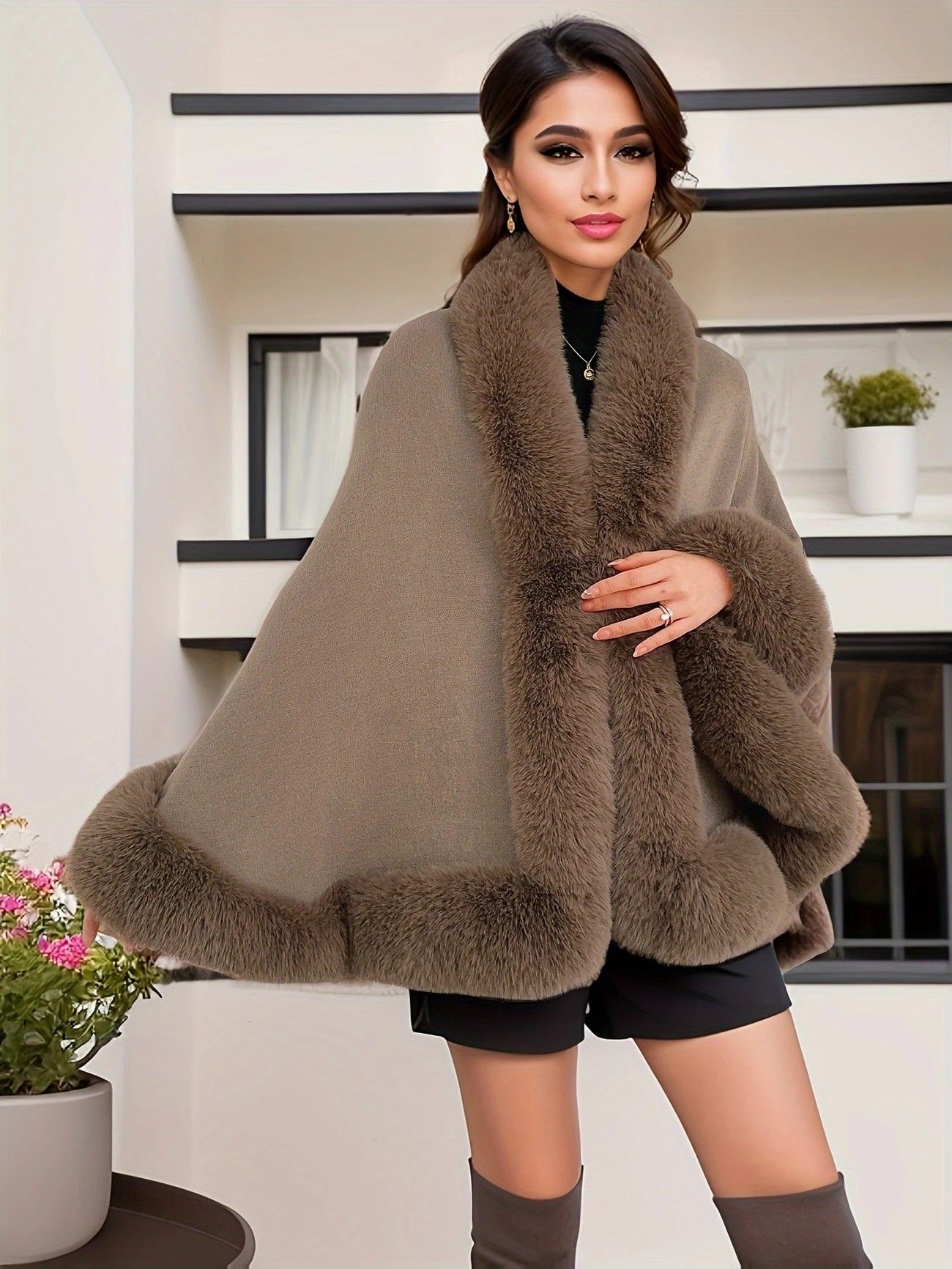 Imitation Mink Collar Knit Shawl: Autumn/Winter Retro Cape, Elegant, Versatile, and Flattering. (claret-red) V1232-FLTMLWT001