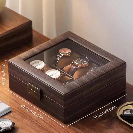 Wood Grain Faux Leather Watch Storage Box - 6-Compartment Dustproof Display Case, Soft Lined Interior, Hinged V1232-FMWSBH001