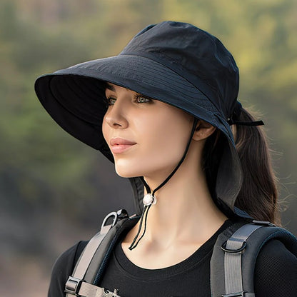 Black Fashion Wide Brim Sun Hat with Ponytail Hole - Bohemian Baseball Cap Design, Visor, Breathable Polyester V1232-FSM001