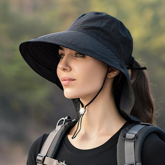 Black Fashion Wide Brim Sun Hat with Ponytail Hole - Bohemian Baseball Cap Design, Visor, Breathable Polyester V1232-FSM001