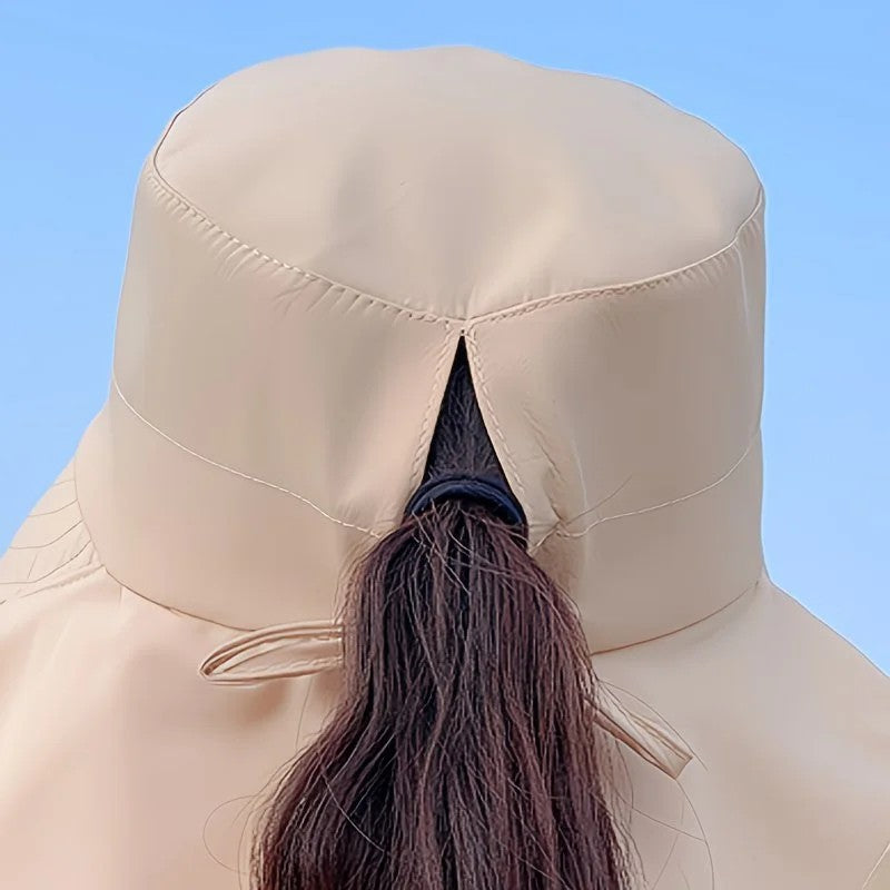 Black Fashion Wide Brim Sun Hat with Ponytail Hole - Bohemian Baseball Cap Design, Visor, Breathable Polyester V1232-FSM001