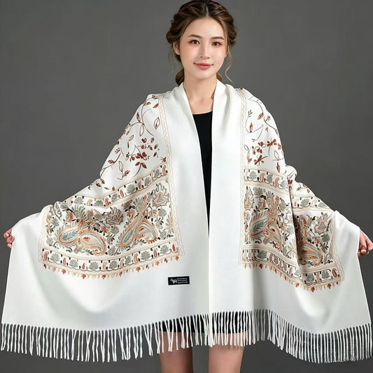European-American Style Auspicious Embroidered Shawl Scarf, High-End Autumn & Winter Warm Outfit(WHITE) V1232-FXRPJ002