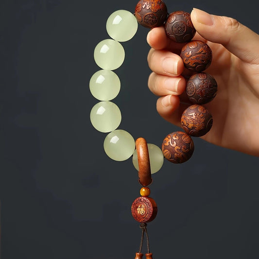 1pc Classic 12-bead 20mm Handmade Wooden Carved "Fu" Pendant Bracelet, Unisex Beaded Bracelet, Buddhist Mala V1232-FZSC001