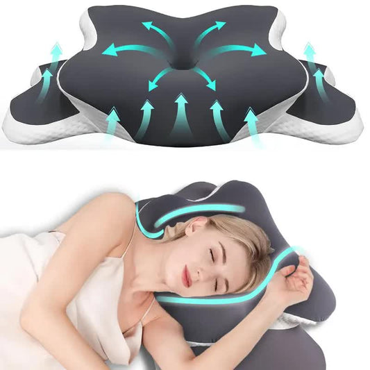Dark grey Ergonomic Memory Foam Butterfly Neck Pillow, C-shaped/Dual Height Adjustable, with Transparent Lid V1232-HDZ001