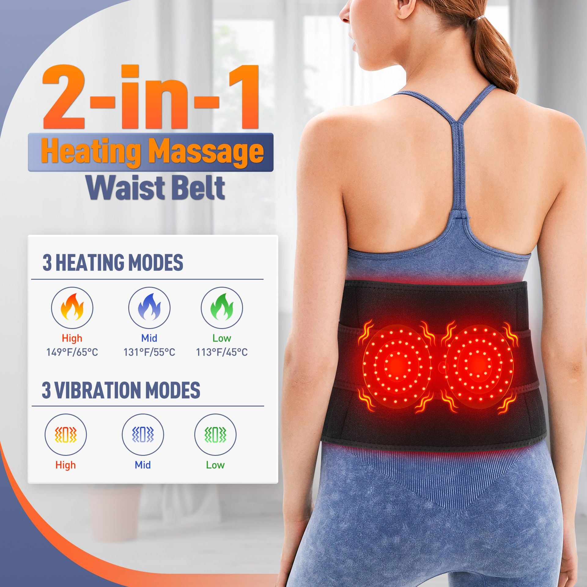 Heated Waist Belt with Vibration Massage - Infrared Heat Therapy, 3 Temp Levels, Rechargeable & Adjustable V1232-HGDRHYD001