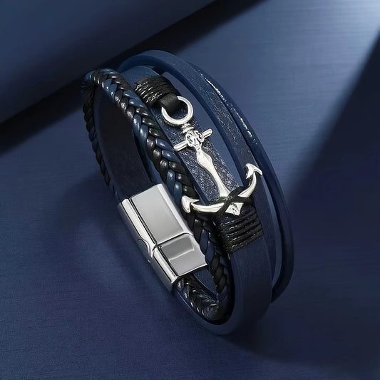 2PCS Classic Unisex Vintage Anchor Bracelet - Faux Leather with Magnetic Clasp Design, Perfect for Festival V1232-HMSL003