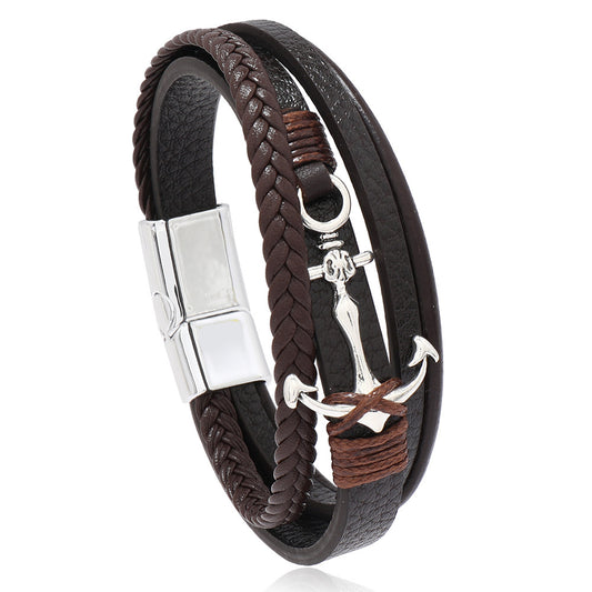 2PCS Classic Unisex Vintage Anchor Bracelet - Faux Leather with Magnetic Clasp Design, Perfect for Festival V1232-HMSL004