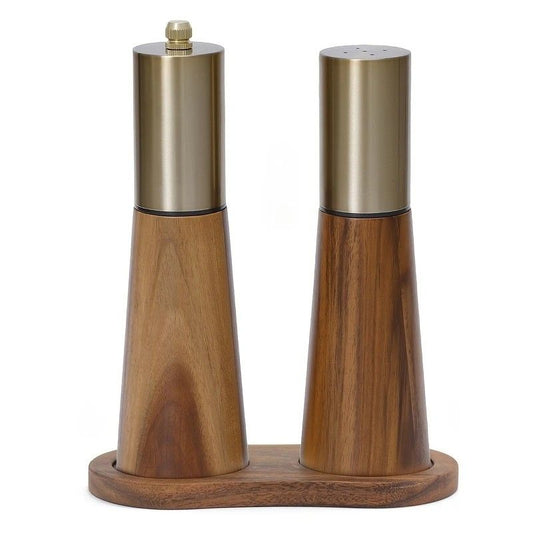 Salt and Pepper Grinder Set with Wooden Base Stainless Steel Manual Salt and Pepper Mills Adjustable V1232-HQYMQTZ001