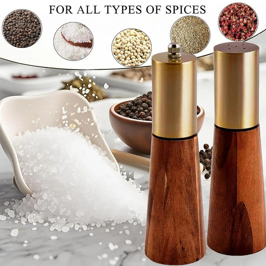 Salt and Pepper Grinder Set with Wooden Base Stainless Steel Manual Salt and Pepper Mills Adjustable V1232-HQYMQTZ001
