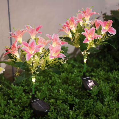Seven Branch Solar Lily Light: Charges during the day, glows at night. Seven lilies bloom together, soft light flows like water through your garden./PINK