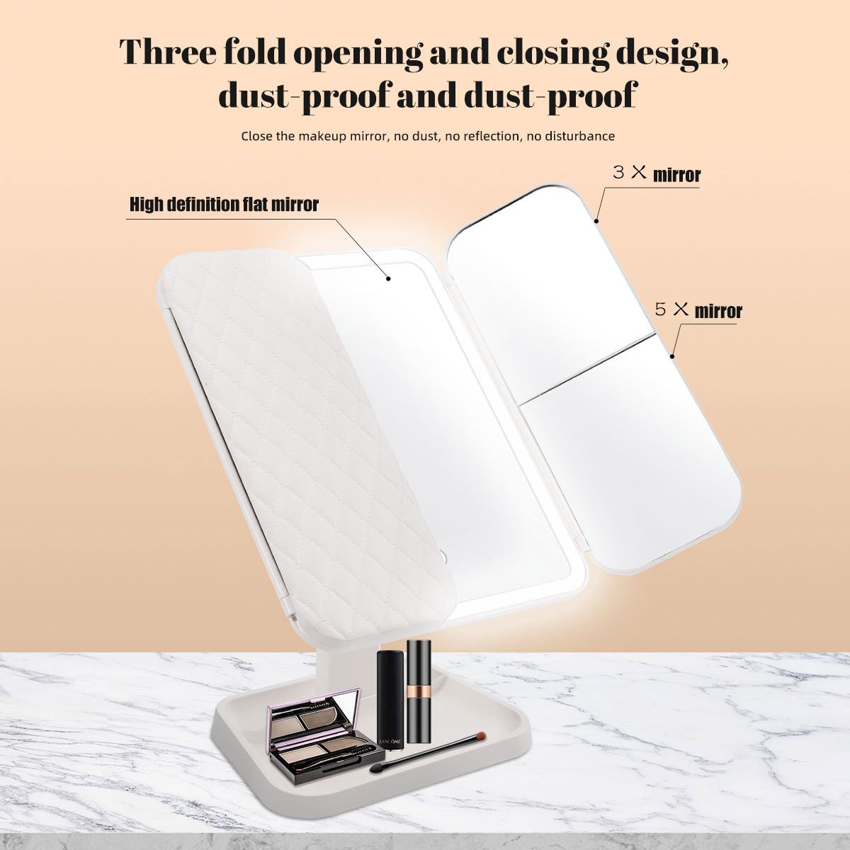 Smart Touch LED Vanity Mirror - 3 Color Dimmable Lights, 270 degrees Adjustable, Rechargeable Desktop Makeup V1232-HZJSZ001