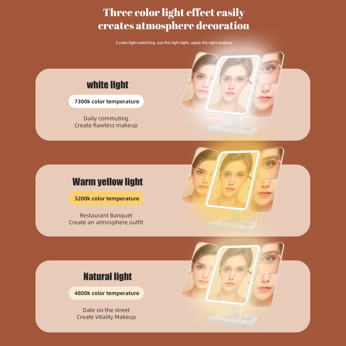 Smart Touch LED Vanity Mirror - 3 Color Dimmable Lights, 270 degrees Adjustable, Rechargeable Desktop Makeup V1232-HZJSZ002