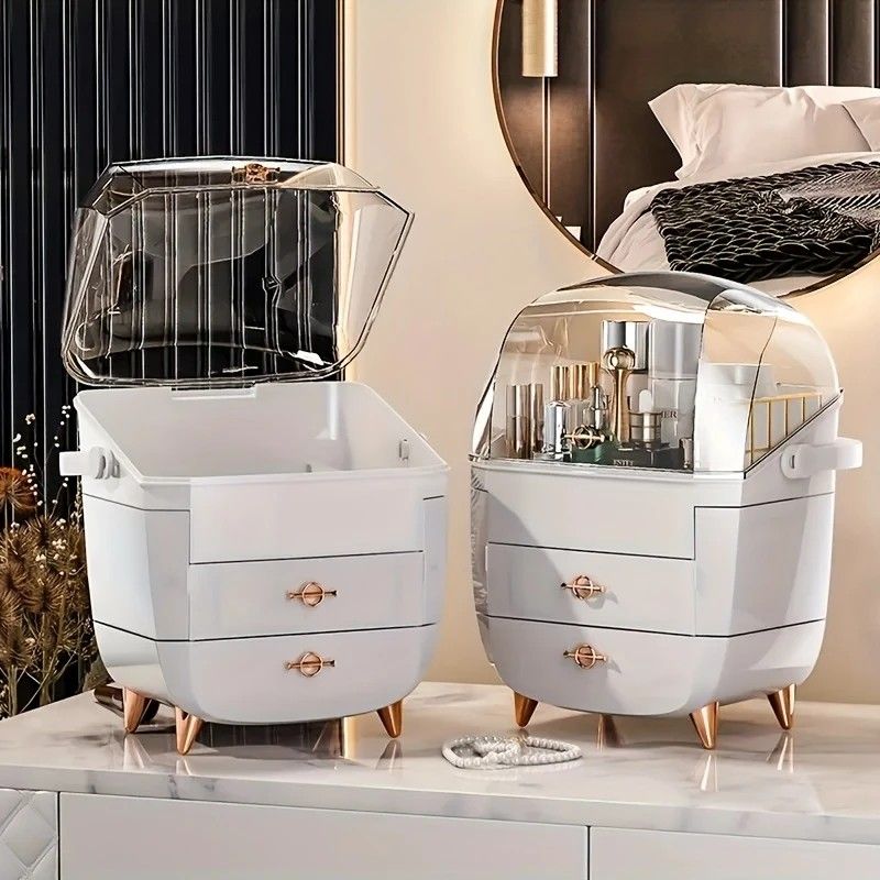WHITE Luxury Transparent Flip-top Cosmetic Organizer, Large Capacity with Smart Compartments, Dustproof & V1232-HZSNX005