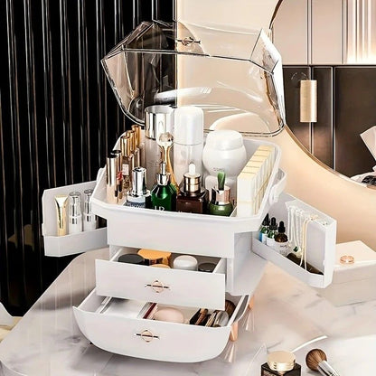 WHITE Luxury Transparent Flip-top Cosmetic Organizer, Large Capacity with Smart Compartments, Dustproof & V1232-HZSNX005