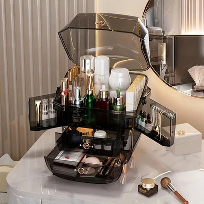 WHITE Luxury Transparent Flip-top Cosmetic Organizer, Large Capacity with Smart Compartments, Dustproof & V1232-HZSNX005