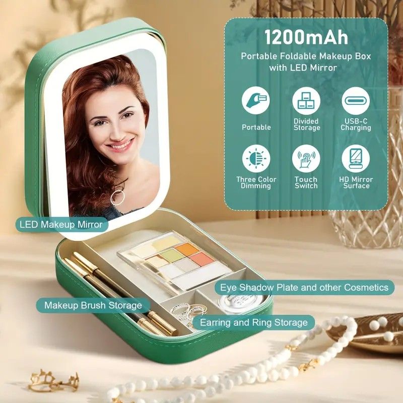 Portable 3-Light LED Makeup Mirror with Organizer - Travel Vanity Case, Rechargeable Touch Control Makeup Box V1232-HZSSHDJZ003