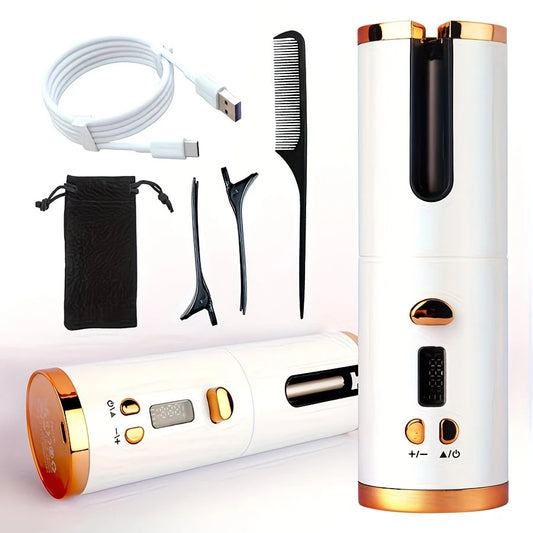 WHITE.Automatic Hair Curling Wand, Tangle-Free Design, Portable USB Charging Rotating Curling Iron with V1232-JFQ002