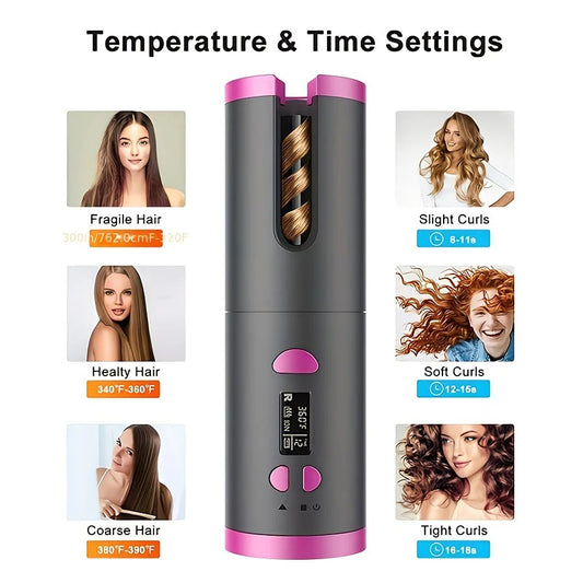 WHITE.Automatic Hair Curling Wand, Tangle-Free Design, Portable USB Charging Rotating Curling Iron with V1232-JFQ002