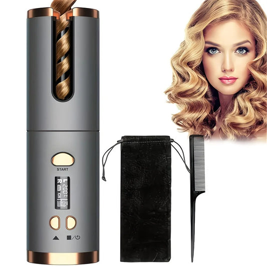 Gray gold Automatic Hair Curling Wand, Tangle-Free Design, Portable USB Charging Rotating Curling Iron with V1232-JFQ003