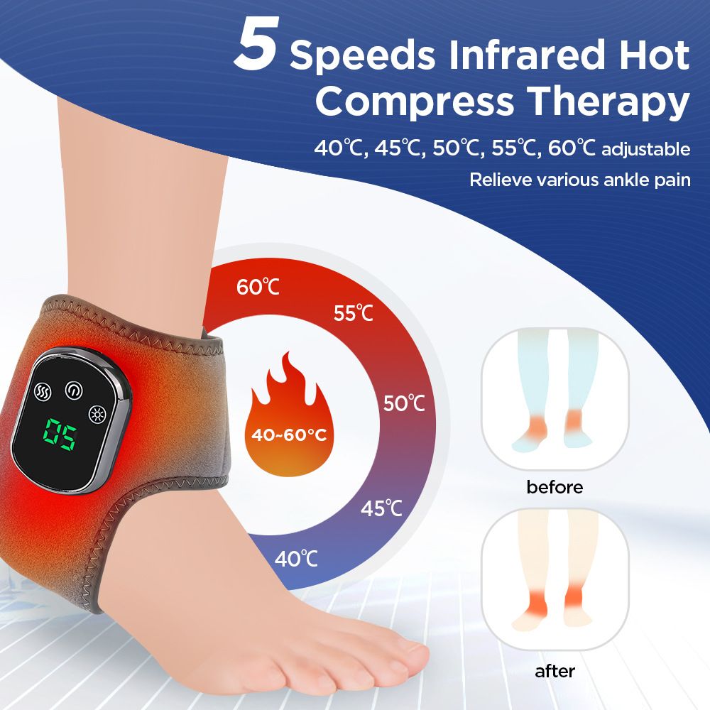 Heated Ankle Wrap with Massage - Infrared Heat Therapy, Vibration Massage, Rechargeable & Adjustable Strap | V1232-JHAMY001