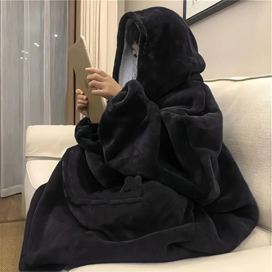 Ultra-Soft Fleece Wearable Blanket Hoodie, Unisex Hooded Large-Pocket Lazy Warm Home Wear(BLACK) V1232-JHSP002