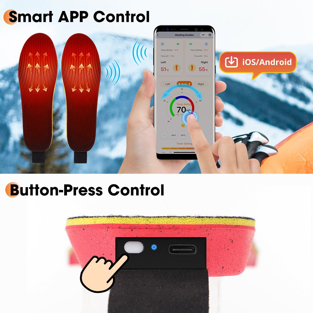 Rechargeable Heated Insoles with Bluetooth APP Control - 3 Heat Settings (40-60 degrees C), Trim-to-Fit, V1232-JRKCXD001