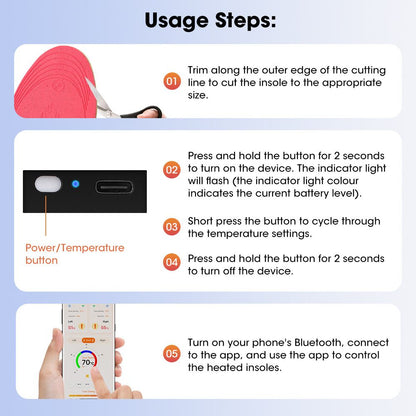 Rechargeable Heated Insoles with Bluetooth APP Control - 3 Heat Settings (40-60 degrees C), Trim-to-Fit, V1232-JRKCXD001