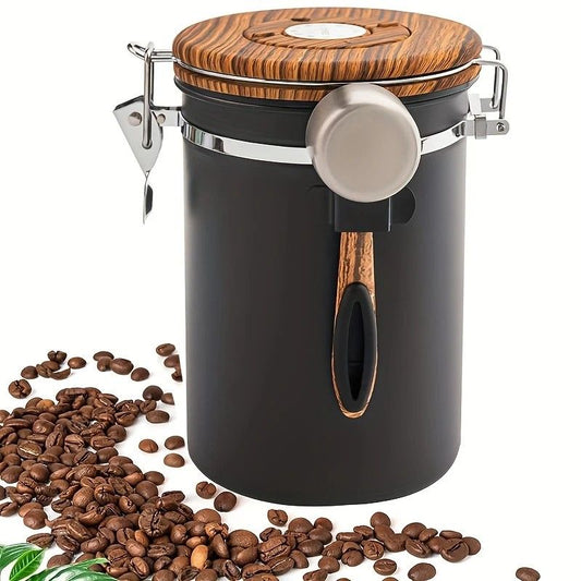 1500ml 304 Stainless Steel Coffee Canister Airtight Coffee Bean Storage Jar with Wood Grain Lid and Scoop V1232-KFCWG001