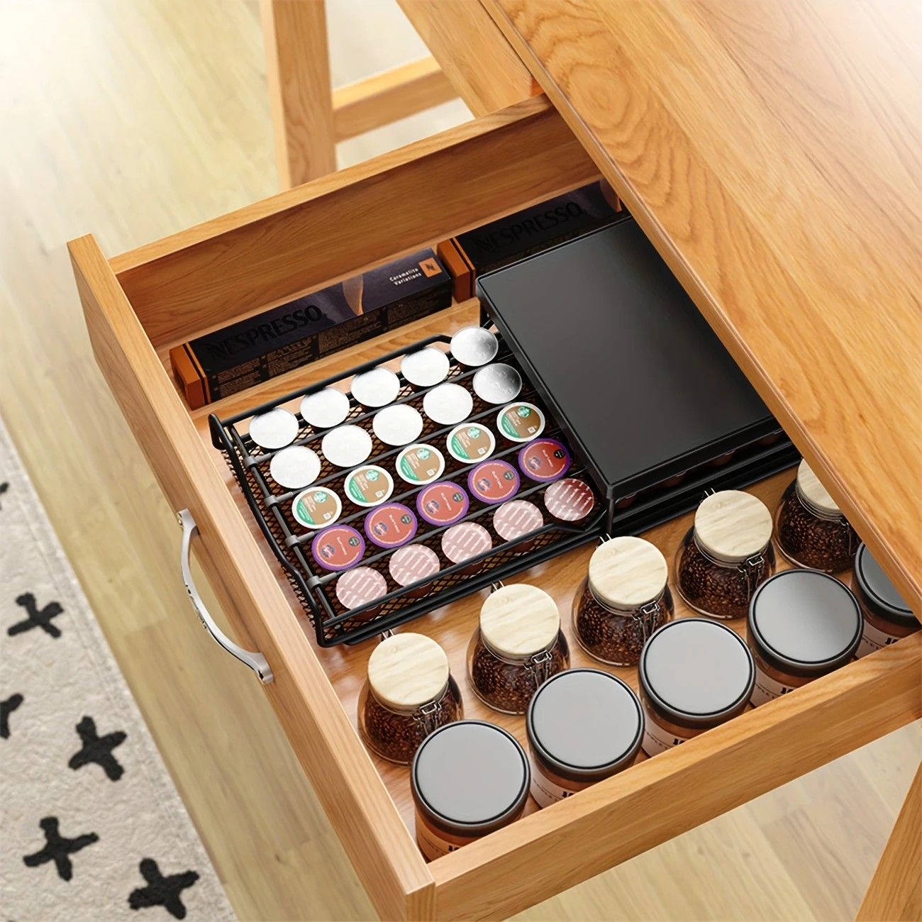 1pc Metal Coffee Capsule Storage Box Drawer Style Dustproof Organizer with Adjustable Grid for Tea Bags V1232-KFSNH001