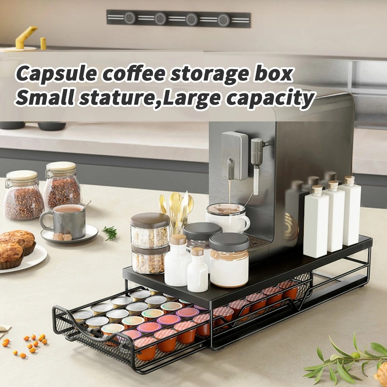 1pc Metal Coffee Capsule Storage Box Drawer Style Dustproof Organizer with Adjustable Grid for Tea Bags V1232-KFSNH001