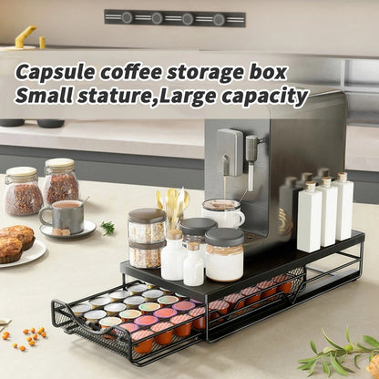 1pc Metal Coffee Capsule Storage Box Drawer Style Dustproof Organizer with Adjustable Grid for Tea Bags V1232-KFSNH001
