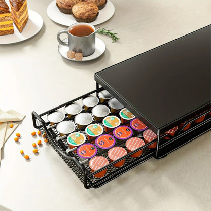 1pc Metal Coffee Capsule Storage Box Drawer Style Dustproof Organizer with Adjustable Grid for Tea Bags V1232-KFSNH001